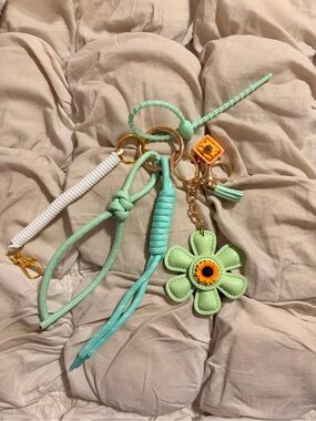 Free People Mint Green Floral Keychain Wristlet Set